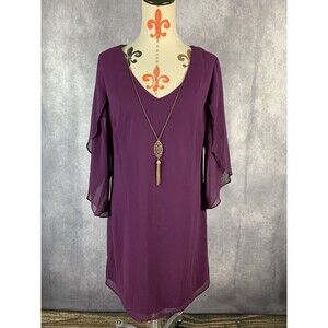 Luxology Chiffon Dress Size M Lined Sheer Necklace Medallion Purple Long Sleeve
